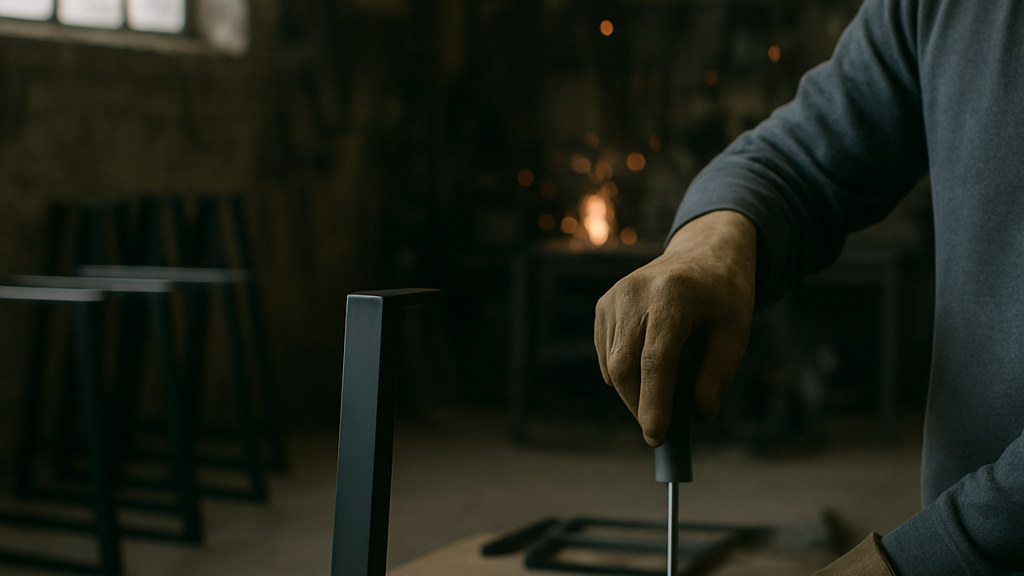 Person assembling furniture in a dimly lit workshop